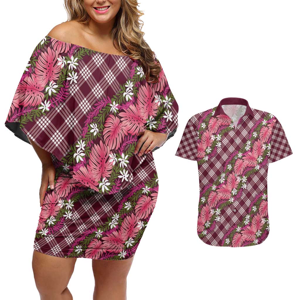 Polynesian Monstera Tiare Floral Couples Matching Off Shoulder Short Dress and Hawaiian Shirt Fuchsia Tropical Plaid LT01 Pink - Polynesian Pride