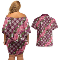Polynesian Monstera Tiare Floral Couples Matching Off Shoulder Short Dress and Hawaiian Shirt Fuchsia Tropical Plaid LT01 - Polynesian Pride