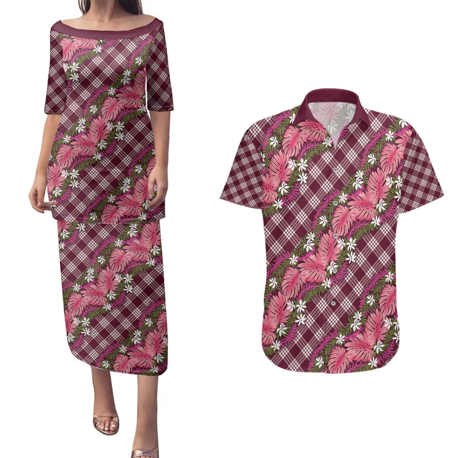 Polynesian Monstera Tiare Floral Couples Matching Puletasi and Hawaiian Shirt Fuchsia Tropical Plaid LT01 Pink - Polynesian Pride