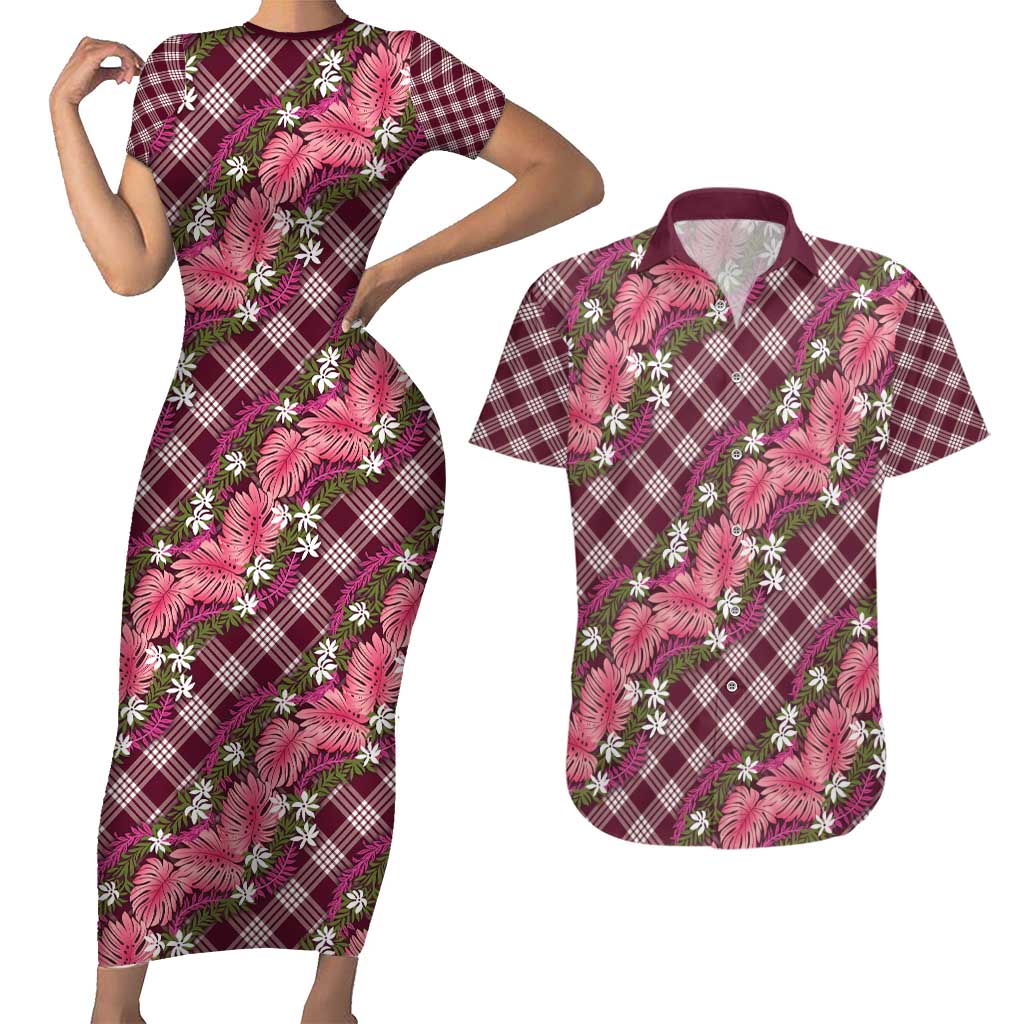 Polynesian Monstera Tiare Floral Couples Matching Short Sleeve Bodycon Dress and Hawaiian Shirt Fuchsia Tropical Plaid LT01 Pink - Polynesian Pride