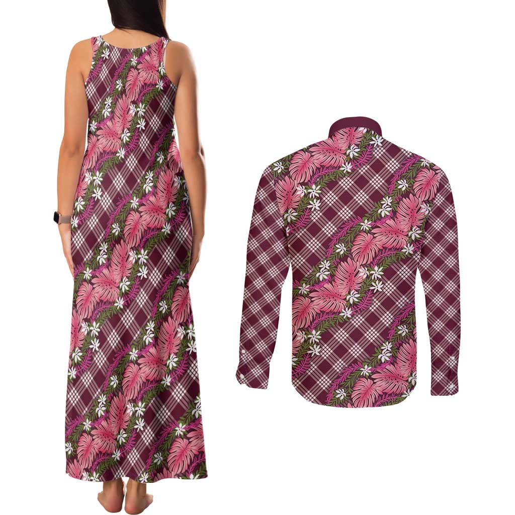 Polynesian Monstera Tiare Floral Couples Matching Tank Maxi Dress and Long Sleeve Button Shirt Fuchsia Tropical Plaid LT01 - Polynesian Pride