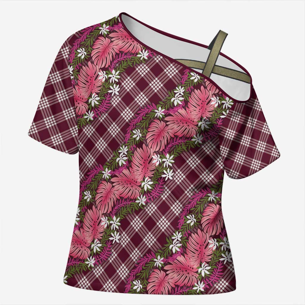 Polynesian Monstera Tiare Floral Cross Shoulder Shirt Fuchsia Tropical Plaid LT01 Female Pink - Polynesian Pride