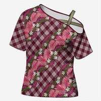 Polynesian Monstera Tiare Floral Cross Shoulder Shirt Fuchsia Tropical Plaid LT01 Female Pink - Polynesian Pride