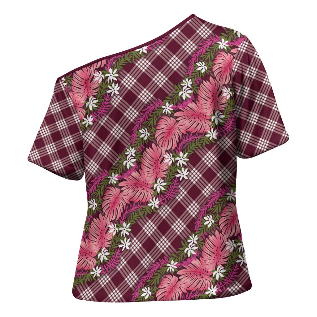 Polynesian Monstera Tiare Floral Cross Shoulder Shirt Fuchsia Tropical Plaid LT01 - Polynesian Pride