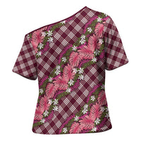 Polynesian Monstera Tiare Floral Cross Shoulder Shirt Fuchsia Tropical Plaid LT01 - Polynesian Pride
