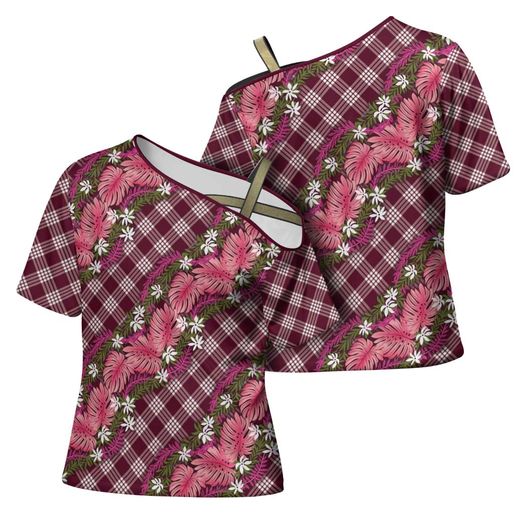 Polynesian Monstera Tiare Floral Cross Shoulder Shirt Fuchsia Tropical Plaid LT01 - Polynesian Pride