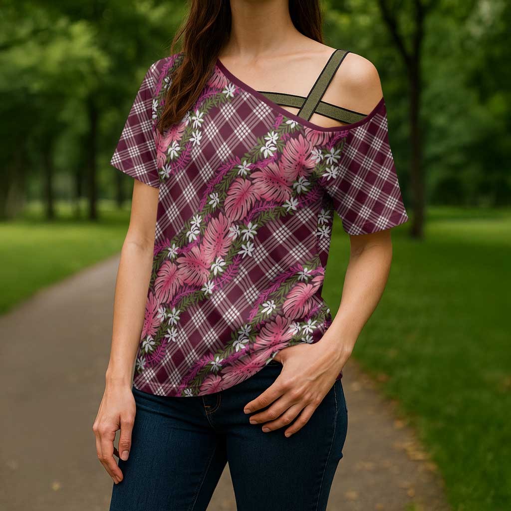 Polynesian Monstera Tiare Floral Cross Shoulder Shirt Fuchsia Tropical Plaid LT01 - Polynesian Pride