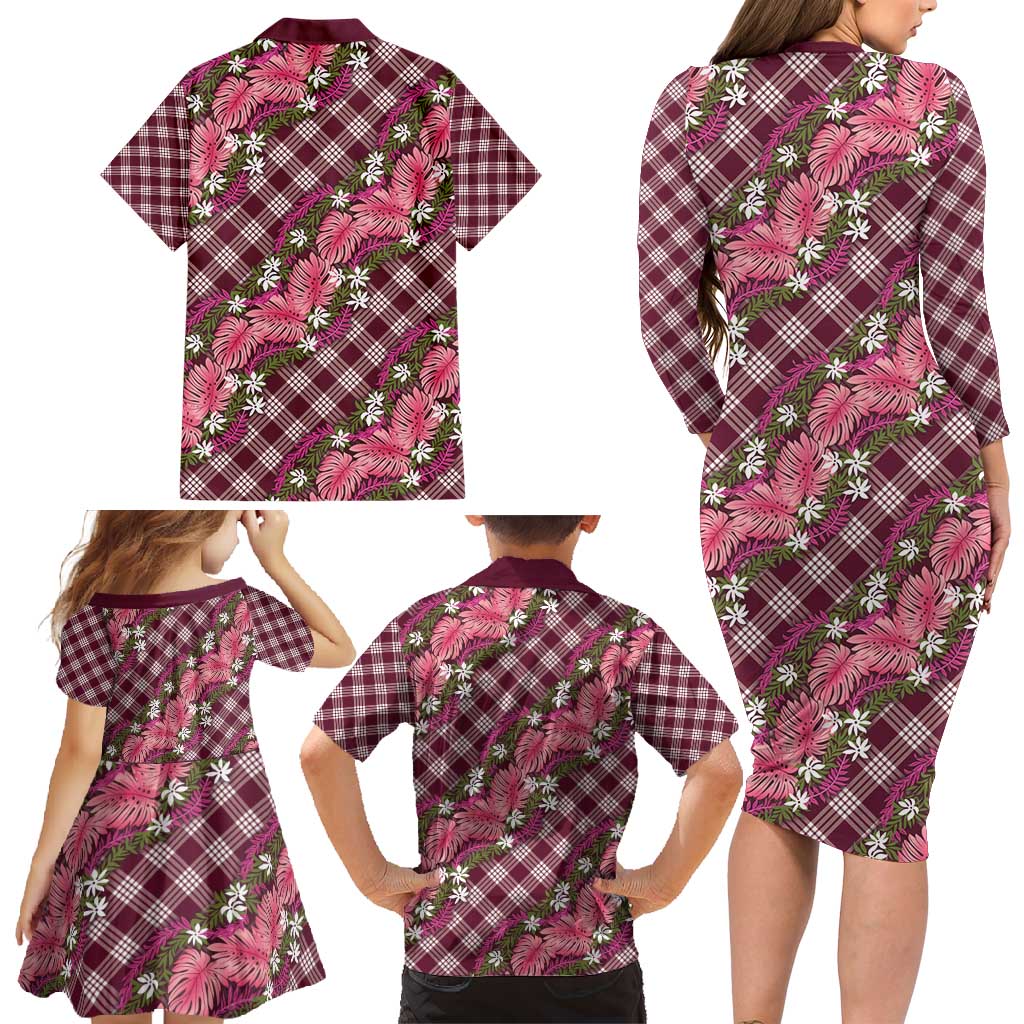 Polynesian Monstera Tiare Floral Family Matching Long Sleeve Bodycon Dress and Hawaiian Shirt Fuchsia Tropical Plaid - Polynesian Pride