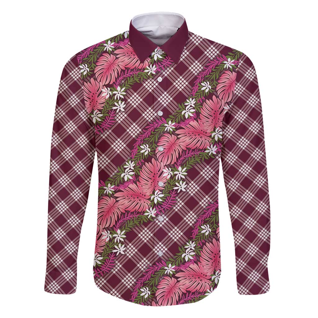 Polynesian Monstera Tiare Floral Family Matching Mermaid Dress and Hawaiian Shirt Fuchsia Tropical Plaid LT01 Dad's Shirt - Long Sleeve Pink - Polynesian Pride