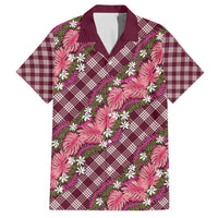 Polynesian Monstera Tiare Floral Family Matching Off The Shoulder Long Sleeve Dress and Hawaiian Shirt Fuchsia Tropical Plaid - Polynesian Pride