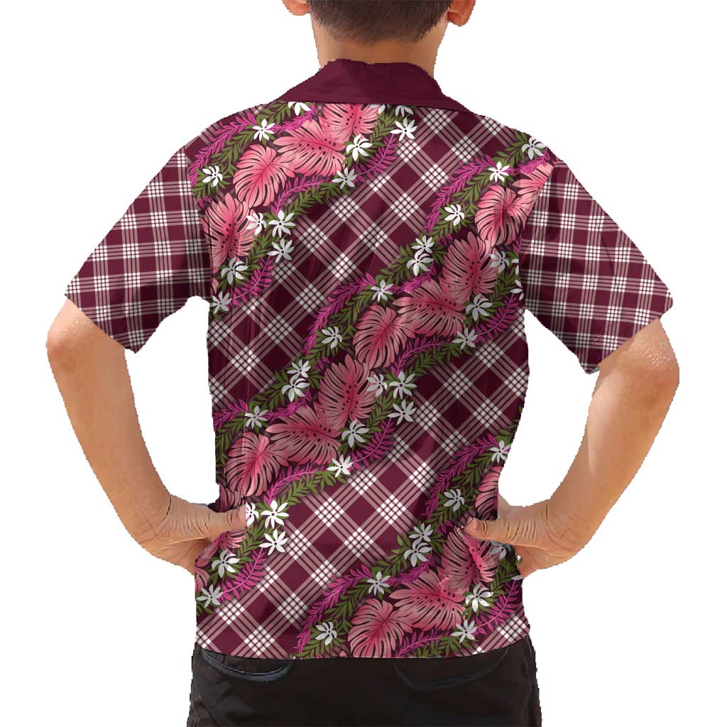 Polynesian Monstera Tiare Floral Family Matching Off Shoulder Short Dress and Hawaiian Shirt Fuchsia Tropical Plaid - Polynesian Pride