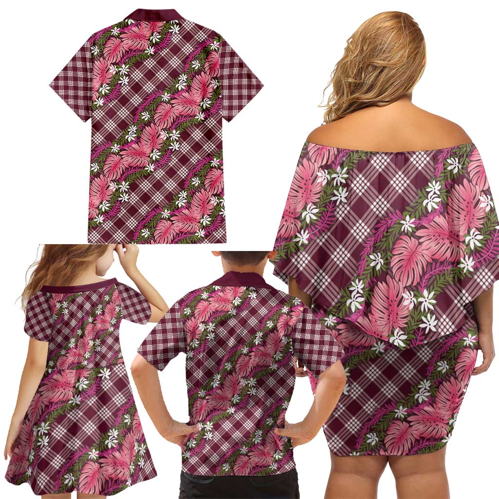 Polynesian Monstera Tiare Floral Family Matching Off Shoulder Short Dress and Hawaiian Shirt Fuchsia Tropical Plaid - Polynesian Pride