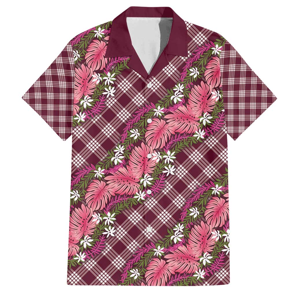 Polynesian Monstera Tiare Floral Family Matching Off Shoulder Short Dress and Hawaiian Shirt Fuchsia Tropical Plaid - Polynesian Pride