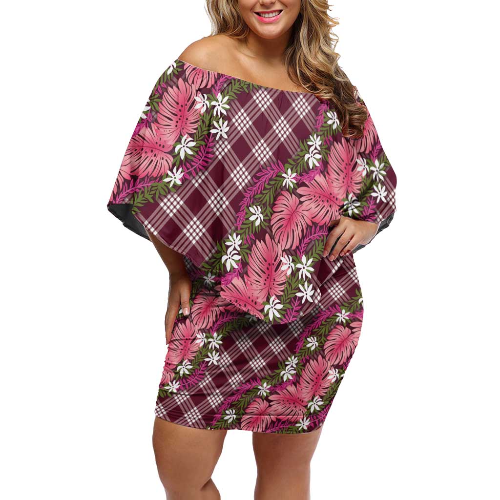 Polynesian Monstera Tiare Floral Family Matching Off Shoulder Short Dress and Hawaiian Shirt Fuchsia Tropical Plaid - Polynesian Pride