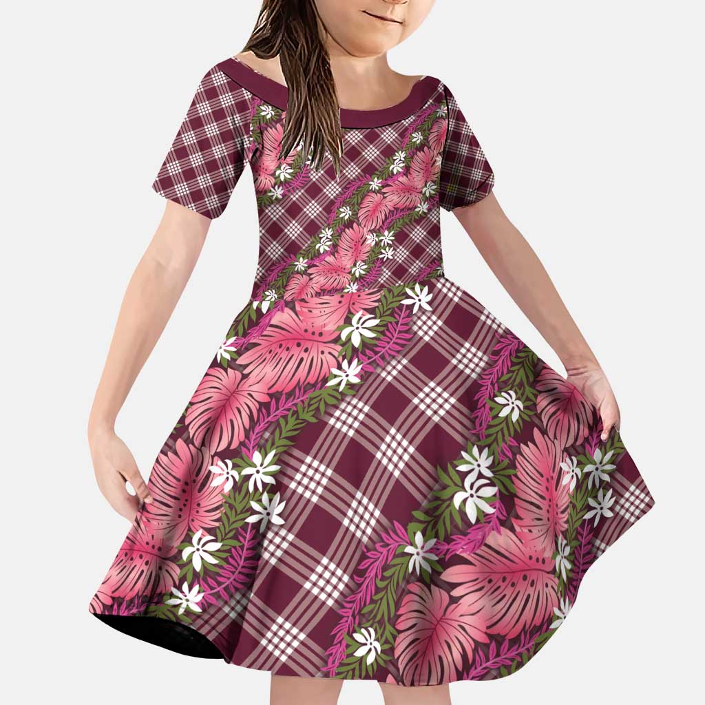 Polynesian Monstera Tiare Floral Family Matching Puletasi and Hawaiian Shirt Fuchsia Tropical Plaid - Polynesian Pride