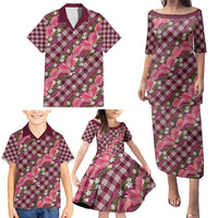 Polynesian Monstera Tiare Floral Family Matching Puletasi and Hawaiian Shirt Fuchsia Tropical Plaid - Polynesian Pride