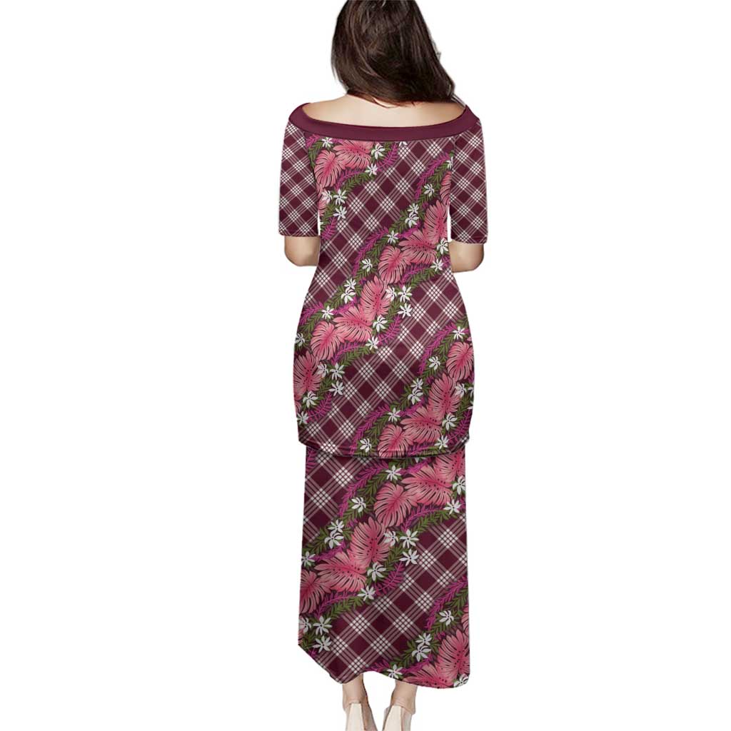 Polynesian Monstera Tiare Floral Family Matching Puletasi and Hawaiian Shirt Fuchsia Tropical Plaid - Polynesian Pride