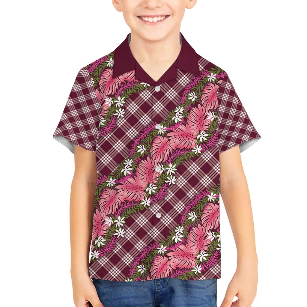 Polynesian Monstera Tiare Floral Family Matching Puletasi and Hawaiian Shirt Fuchsia Tropical Plaid - Polynesian Pride