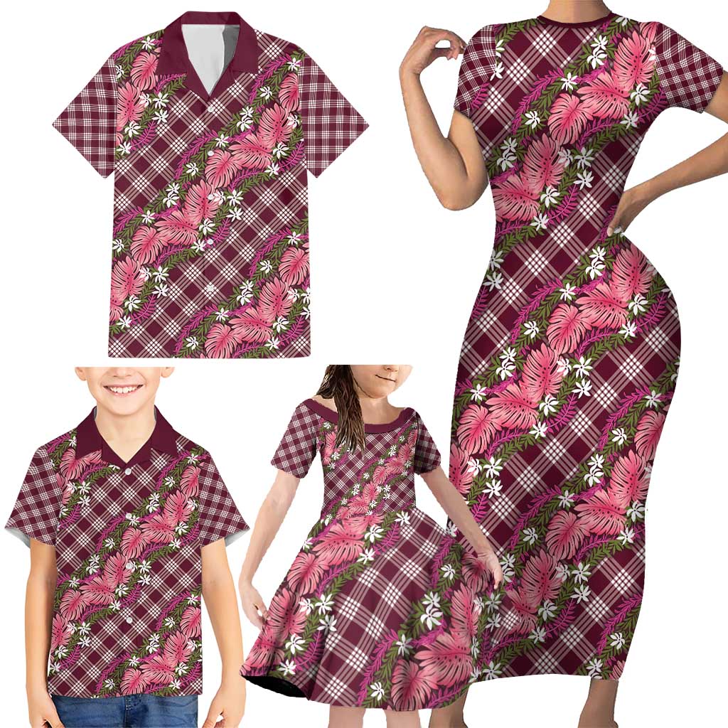 Polynesian Monstera Tiare Floral Family Matching Short Sleeve Bodycon Dress and Hawaiian Shirt Fuchsia Tropical Plaid - Polynesian Pride