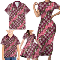 Polynesian Monstera Tiare Floral Family Matching Short Sleeve Bodycon Dress and Hawaiian Shirt Fuchsia Tropical Plaid - Polynesian Pride