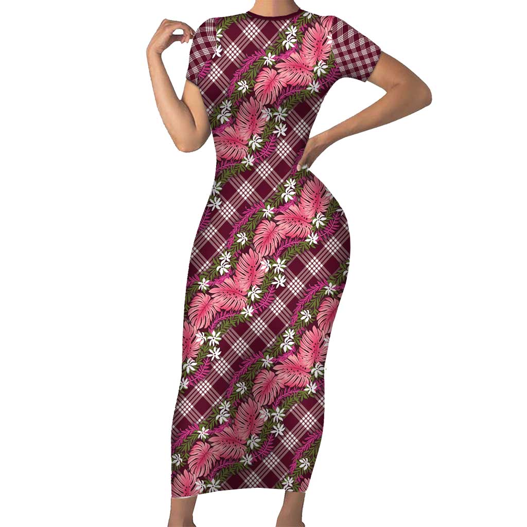 Polynesian Monstera Tiare Floral Family Matching Short Sleeve Bodycon Dress and Hawaiian Shirt Fuchsia Tropical Plaid - Polynesian Pride