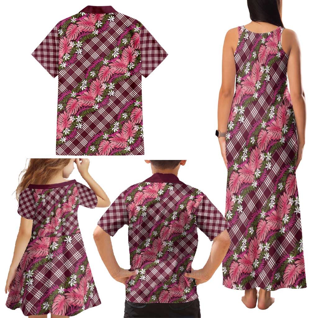 Polynesian Monstera Tiare Floral Family Matching Tank Maxi Dress and Hawaiian Shirt Fuchsia Tropical Plaid - Polynesian Pride