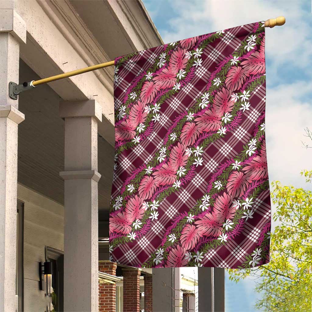Polynesian Monstera Tiare Floral Garden Flag Fuchsia Tropical Plaid - Polynesian Pride