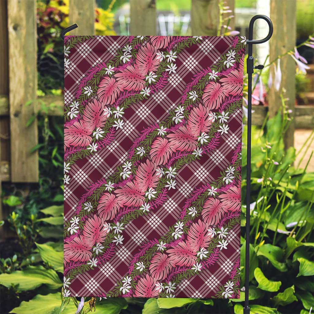 Polynesian Monstera Tiare Floral Garden Flag Fuchsia Tropical Plaid - Polynesian Pride