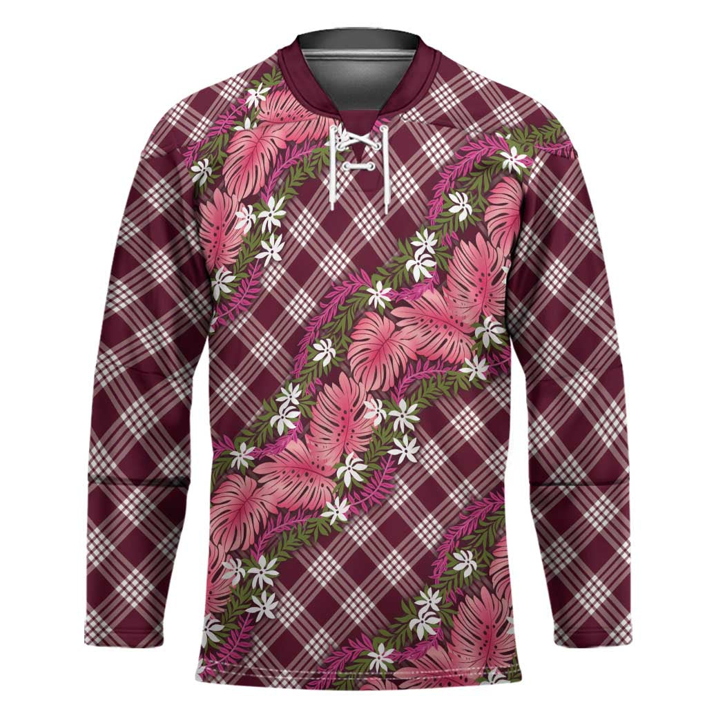Polynesian Monstera Tiare Floral Hockey Jersey Fuchsia Tropical Plaid - Polynesian Pride