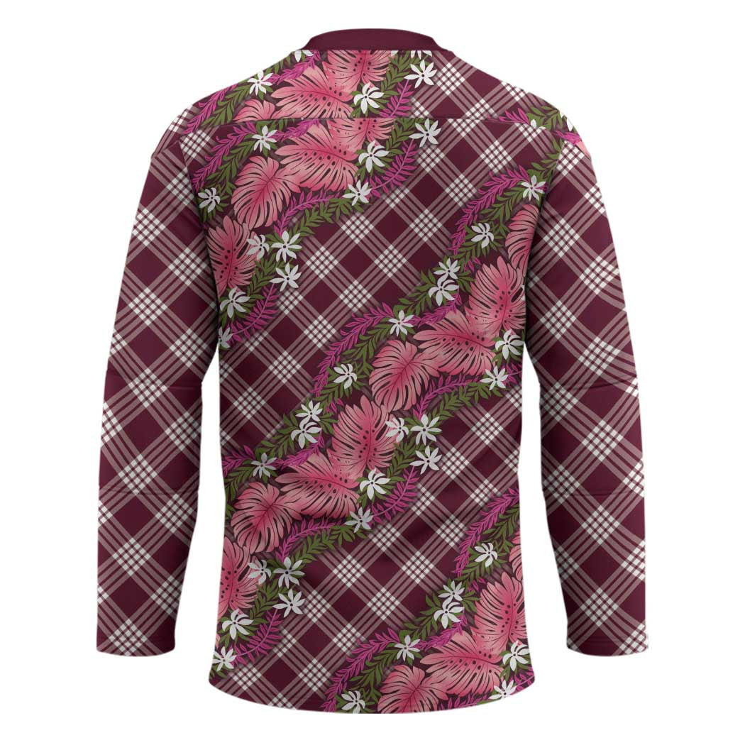 Polynesian Monstera Tiare Floral Hockey Jersey Fuchsia Tropical Plaid - Polynesian Pride