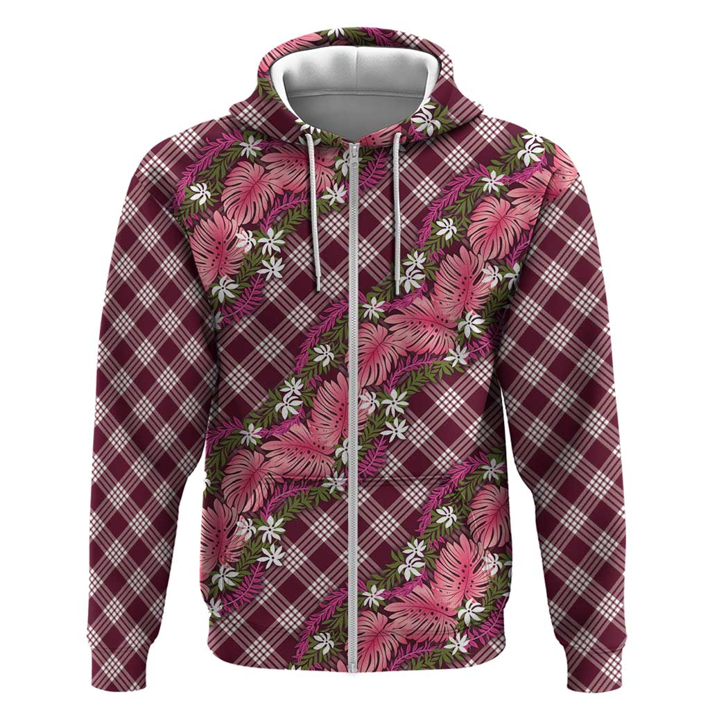 Polynesian Monstera Tiare Floral Hoodie Fuchsia Tropical Plaid LT01 Zip Hoodie Pink - Polynesian Pride