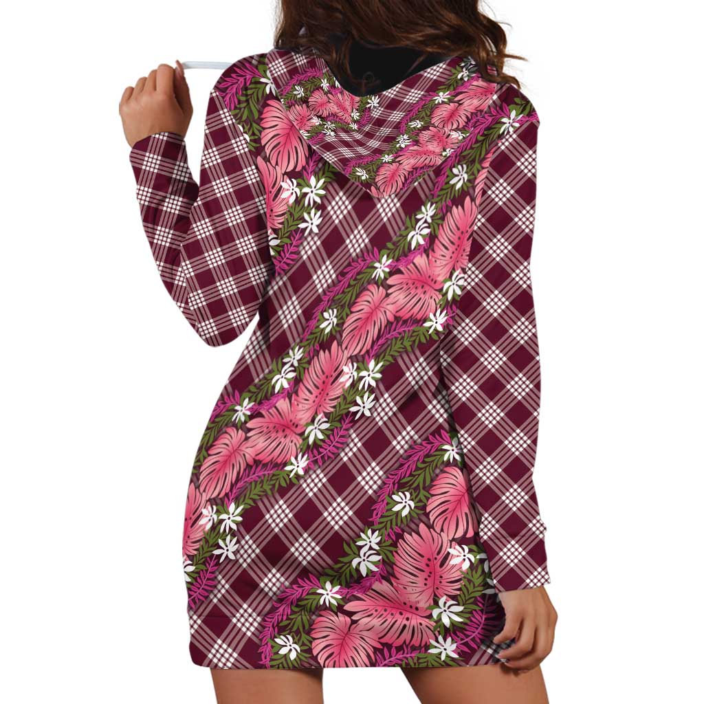 Polynesian Monstera Tiare Floral Hoodie Dress Fuchsia Tropical Plaid LT01 - Polynesian Pride