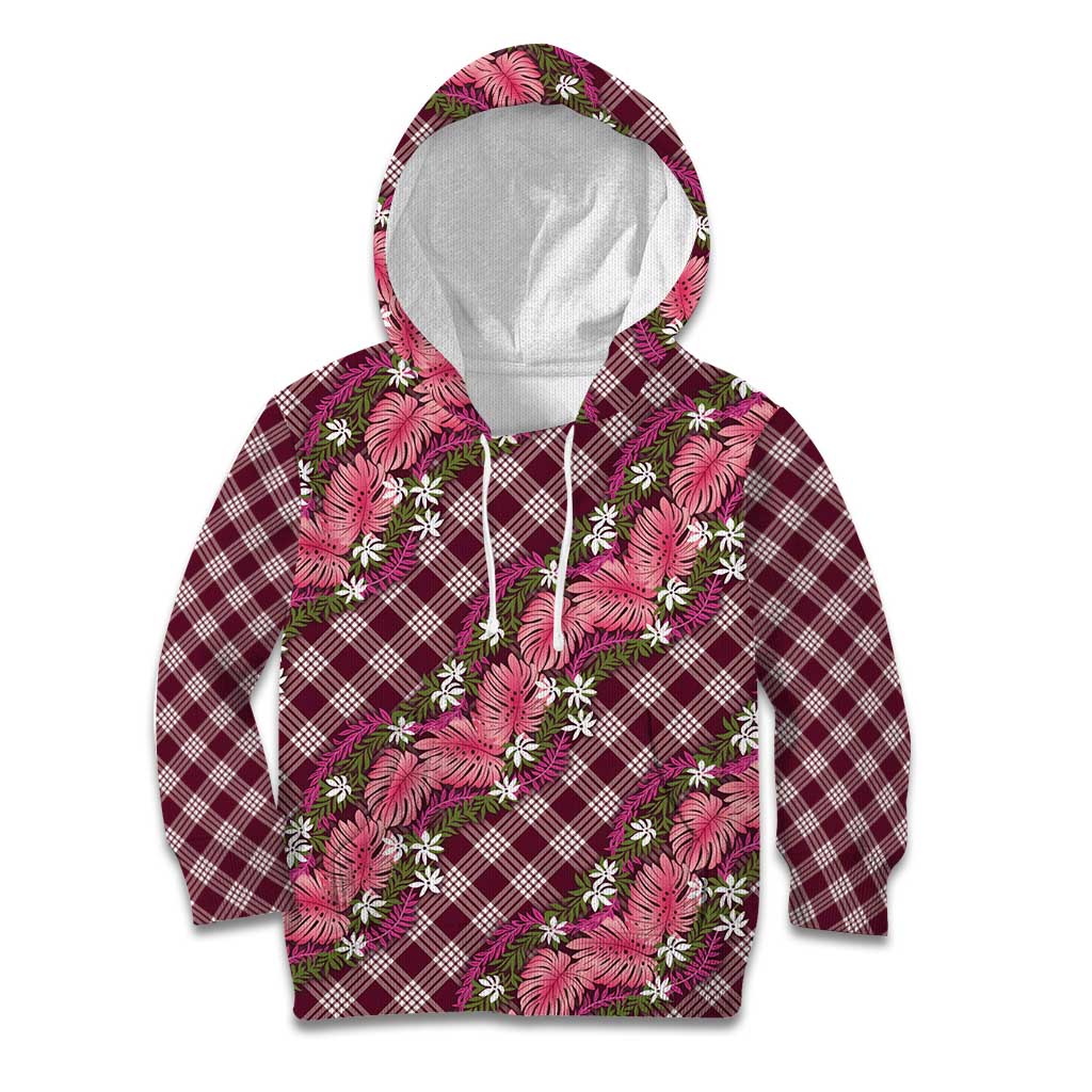 Polynesian Monstera Tiare Floral Kid Hoodie Fuchsia Tropical Plaid - Polynesian Pride