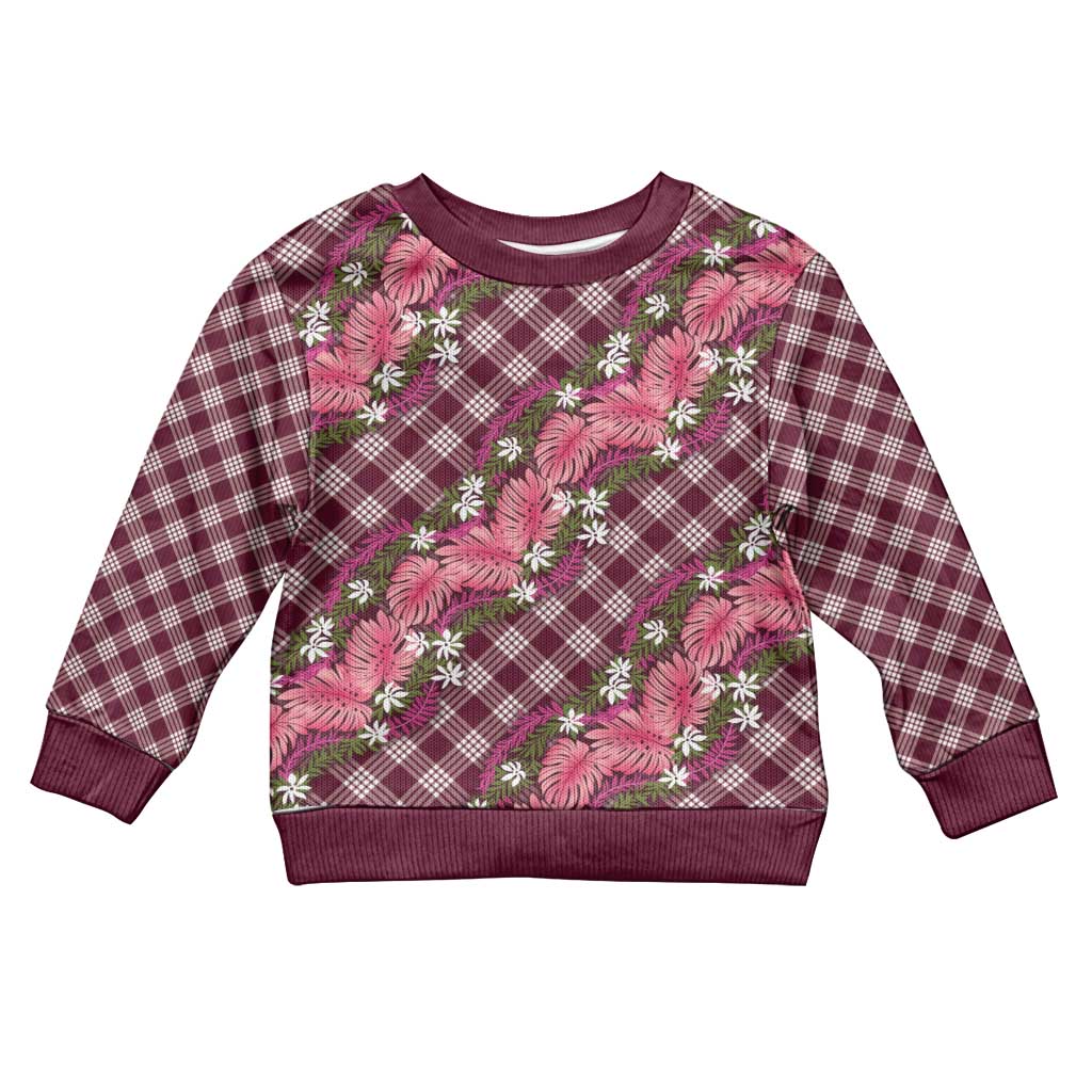 Polynesian Monstera Tiare Floral Kid Ugly Christmas Sweater Fuchsia Tropical Plaid LT01 Kid Pink - Polynesian Pride