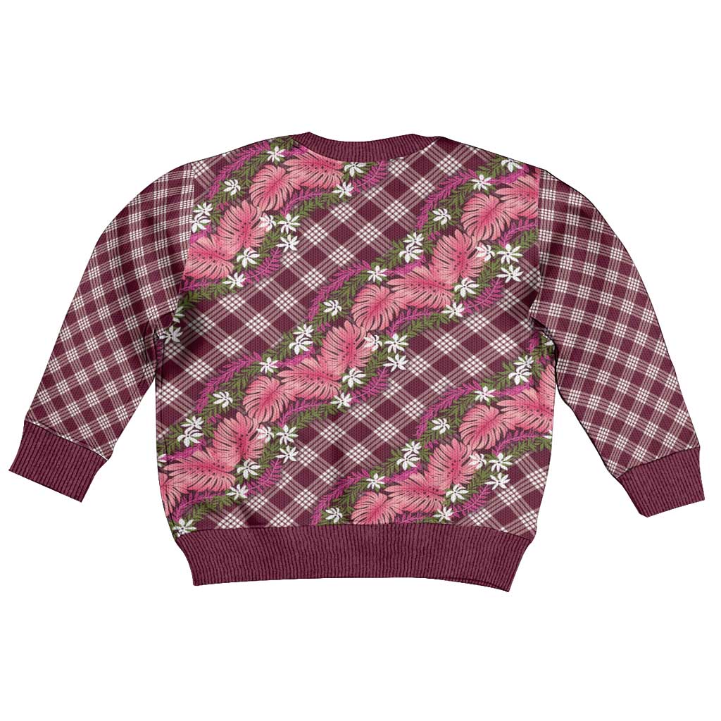 Polynesian Monstera Tiare Floral Kid Ugly Christmas Sweater Fuchsia Tropical Plaid LT01 - Polynesian Pride