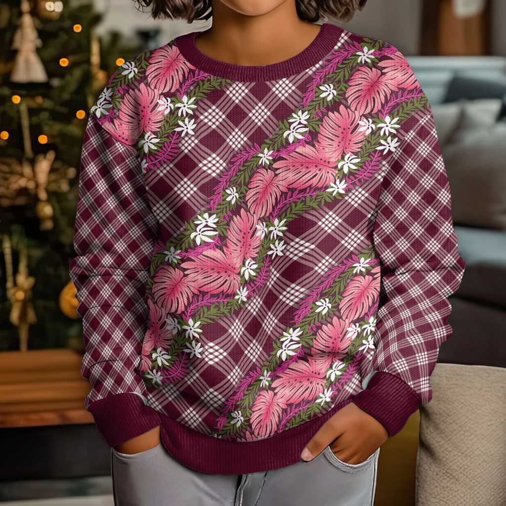 Polynesian Monstera Tiare Floral Kid Ugly Christmas Sweater Fuchsia Tropical Plaid LT01 - Polynesian Pride