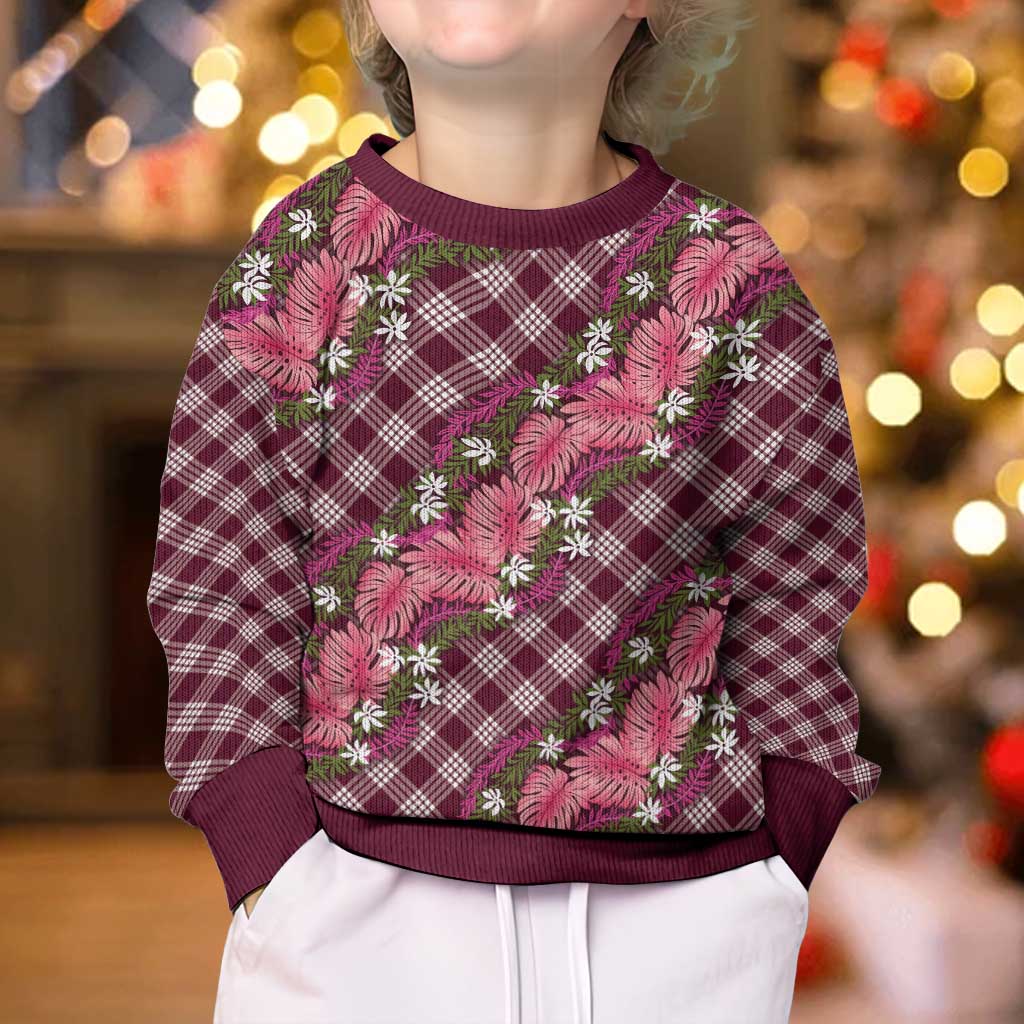 Polynesian Monstera Tiare Floral Kid Ugly Christmas Sweater Fuchsia Tropical Plaid LT01 - Polynesian Pride