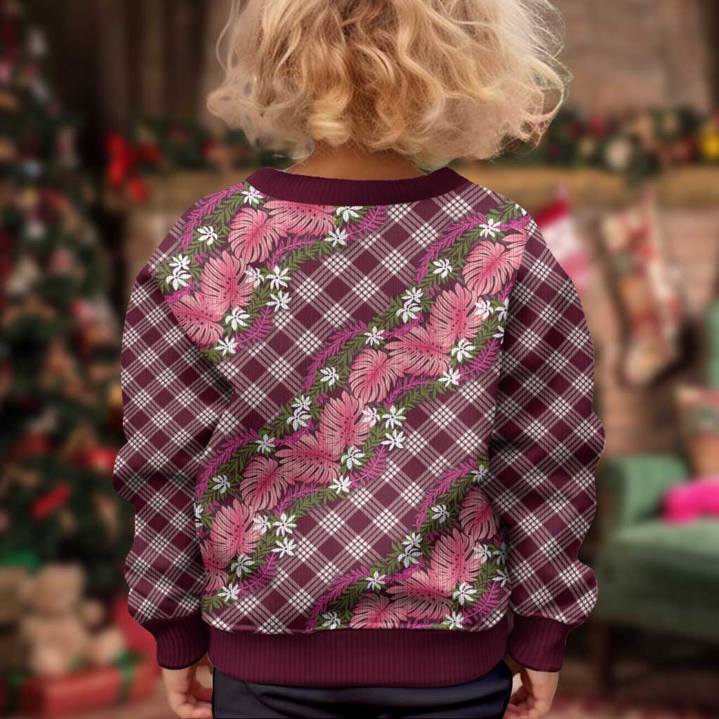 Polynesian Monstera Tiare Floral Kid Ugly Christmas Sweater Fuchsia Tropical Plaid LT01 - Polynesian Pride