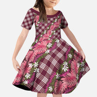 Polynesian Monstera Tiare Floral Kid Short Sleeve Dress Fuchsia Tropical Plaid LT01 KID Pink - Polynesian Pride