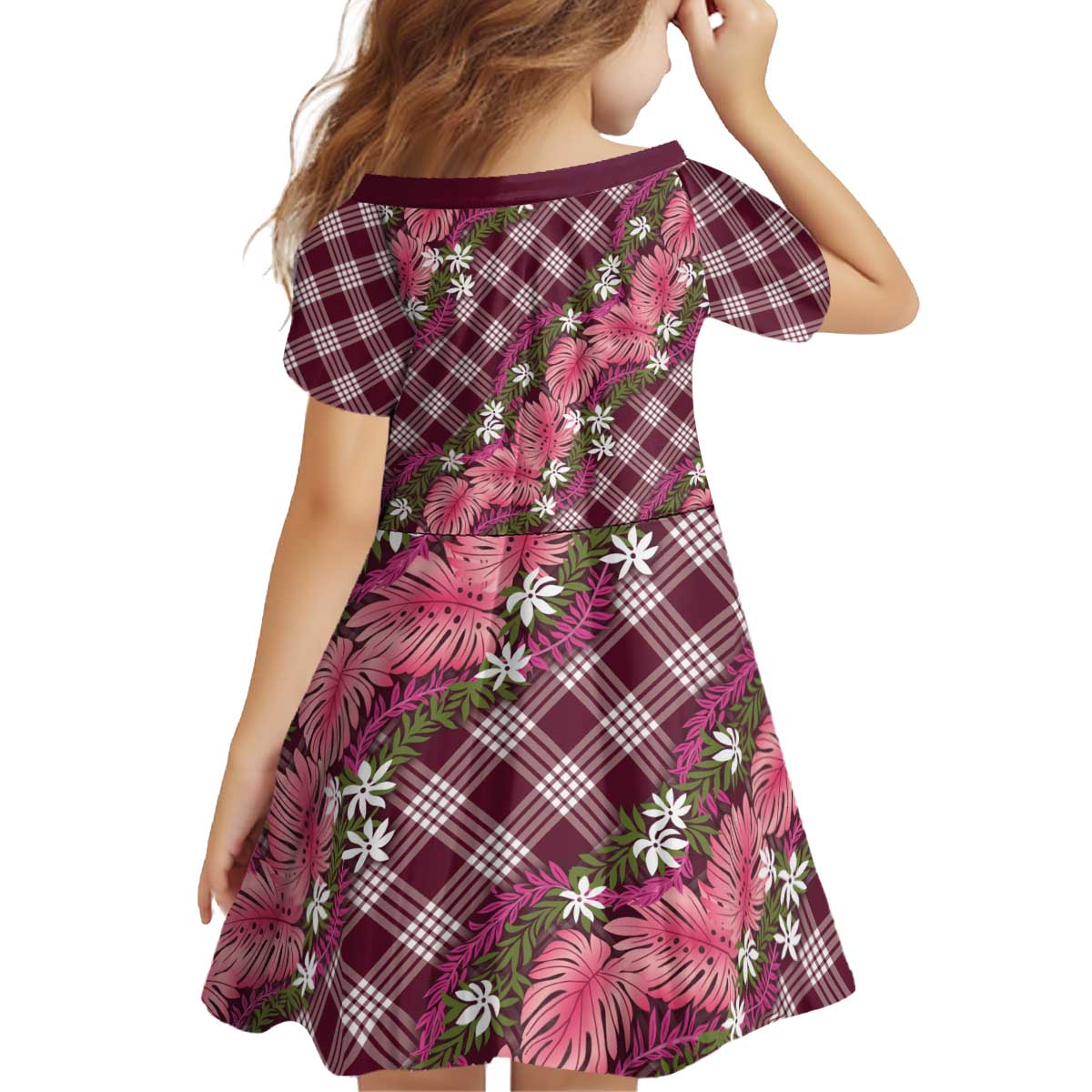 Polynesian Monstera Tiare Floral Kid Short Sleeve Dress Fuchsia Tropical Plaid LT01 - Polynesian Pride