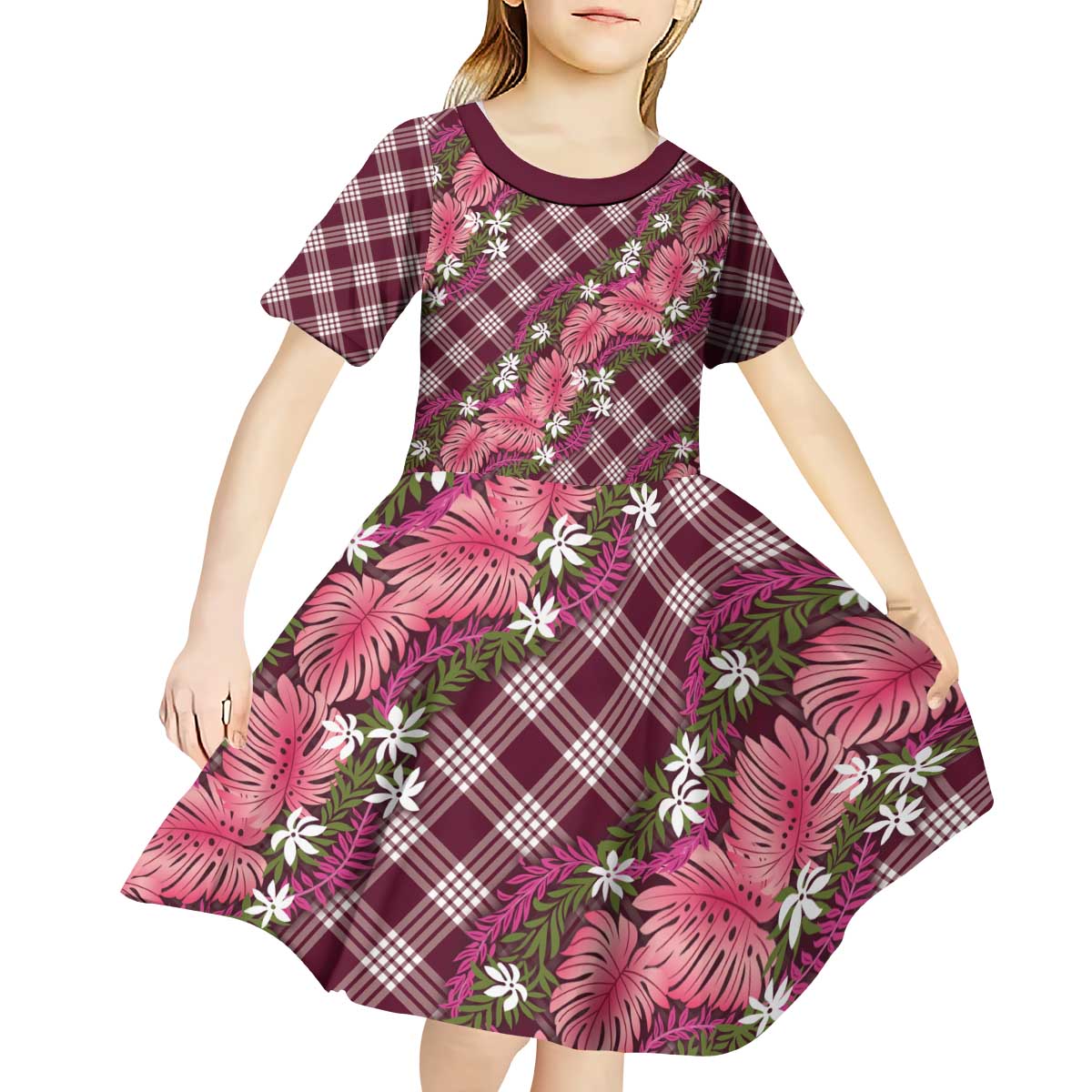 Polynesian Monstera Tiare Floral Kid Short Sleeve Dress Fuchsia Tropical Plaid LT01 - Polynesian Pride