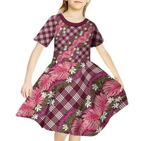 Polynesian Monstera Tiare Floral Kid Short Sleeve Dress Fuchsia Tropical Plaid LT01 - Polynesian Pride