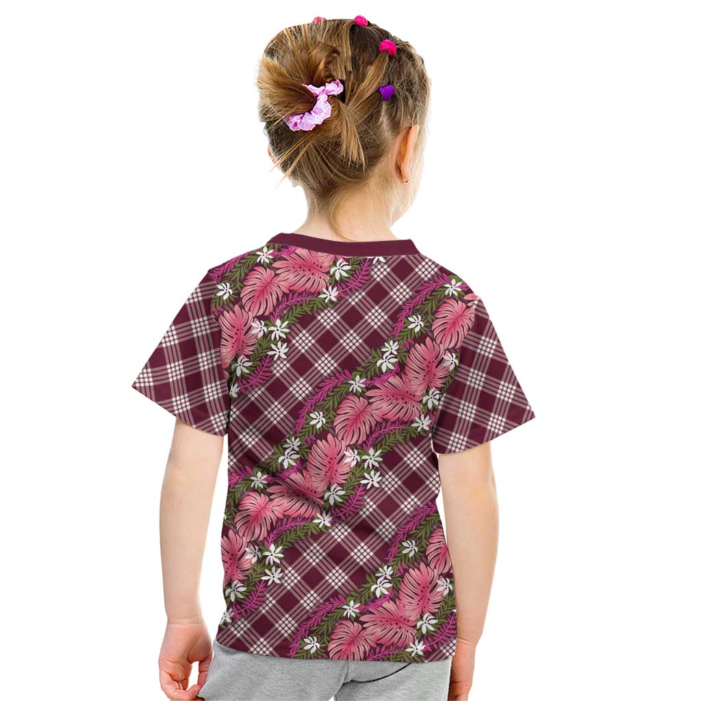 Polynesian Monstera Tiare Floral Kid T Shirt Fuchsia Tropical Plaid LT01 - Polynesian Pride