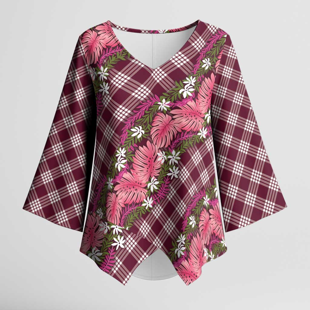 Polynesian Monstera Tiare Floral Kimono Sleeve Blouse Fuchsia Tropical Plaid LT01 Female Pink - Polynesian Pride