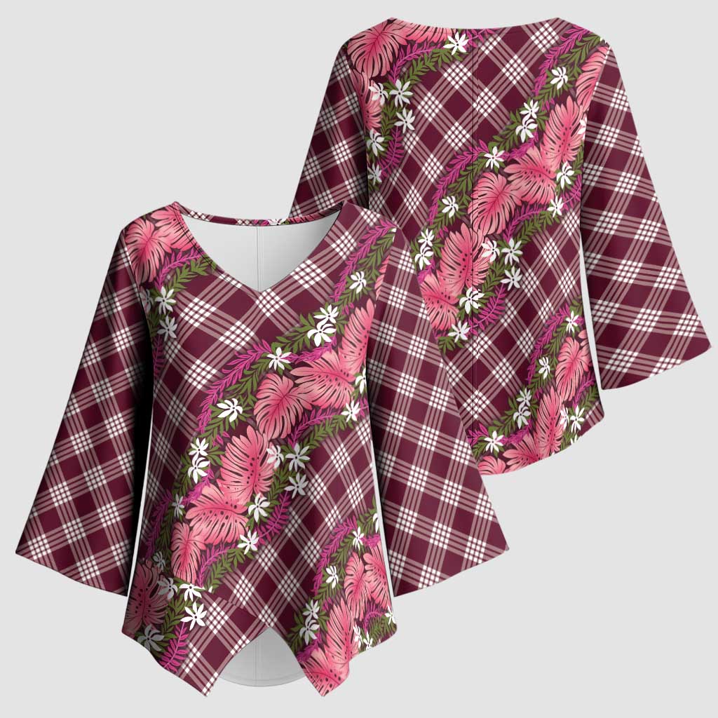 Polynesian Monstera Tiare Floral Kimono Sleeve Blouse Fuchsia Tropical Plaid LT01 - Polynesian Pride