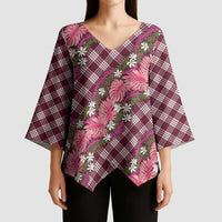 Polynesian Monstera Tiare Floral Kimono Sleeve Blouse Fuchsia Tropical Plaid LT01 - Polynesian Pride