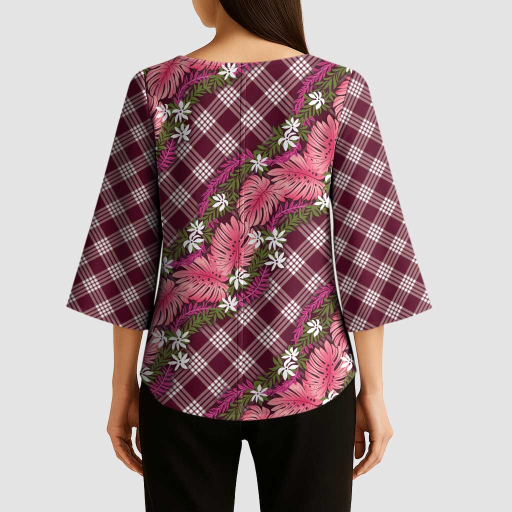 Polynesian Monstera Tiare Floral Kimono Sleeve Blouse Fuchsia Tropical Plaid LT01 - Polynesian Pride