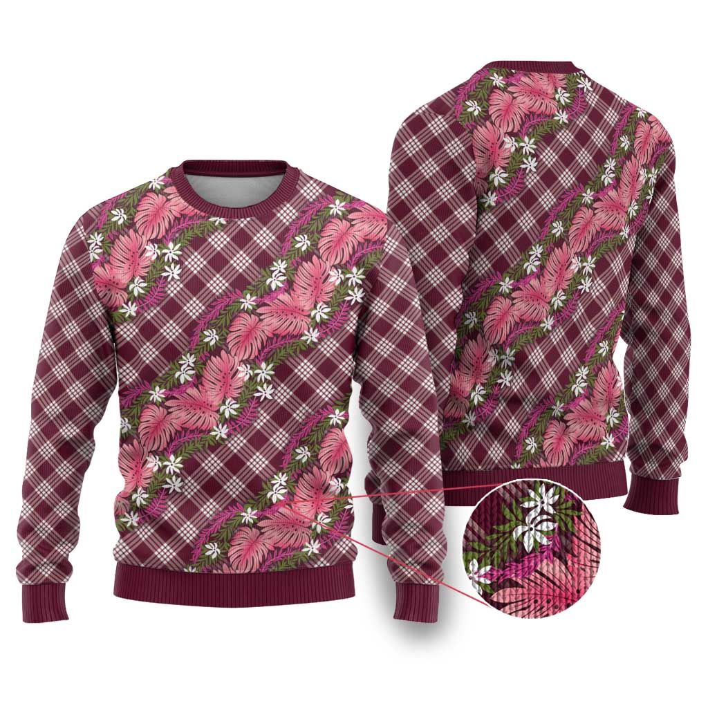 Polynesian Monstera Tiare Floral Ugly Christmas Sweater Fuchsia Tropical Plaid - Polynesian Pride
