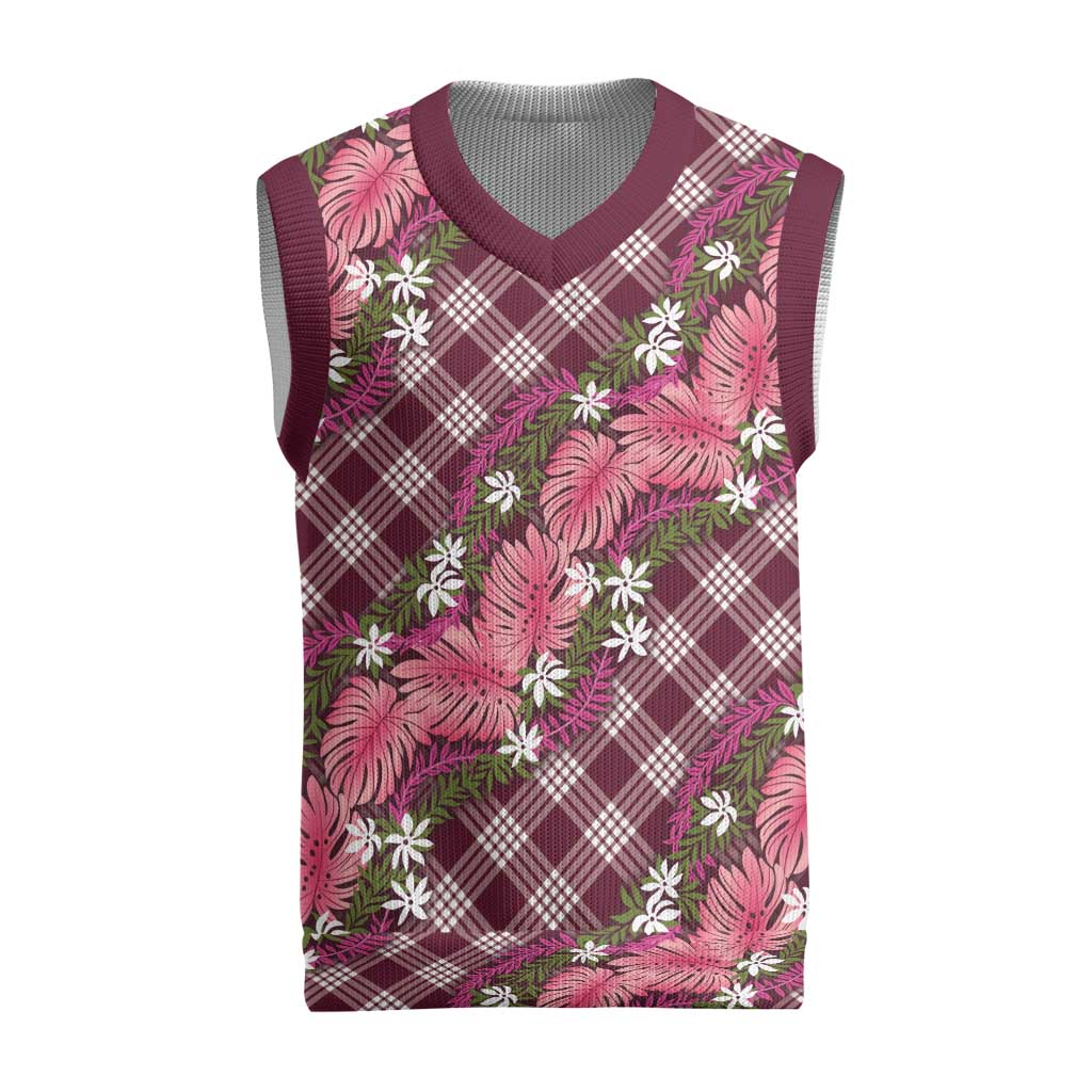 Polynesian Monstera Tiare Floral Christmas Knitted V-Neck Vest Fuchsia Tropical Plaid LT01 Pink - Polynesian Pride