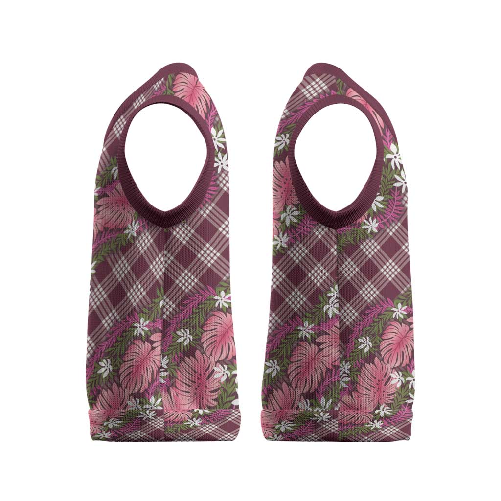 Polynesian Monstera Tiare Floral Christmas Knitted V-Neck Vest Fuchsia Tropical Plaid LT01 - Polynesian Pride